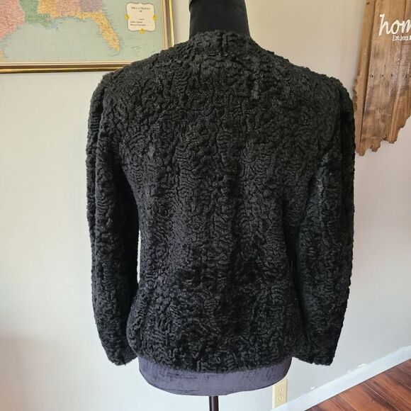 VTG Retro Jacket Womens 14 Black Faux Fur Crop Curly Lamb Coat Mobwife Downtown - Picture 2 of 10